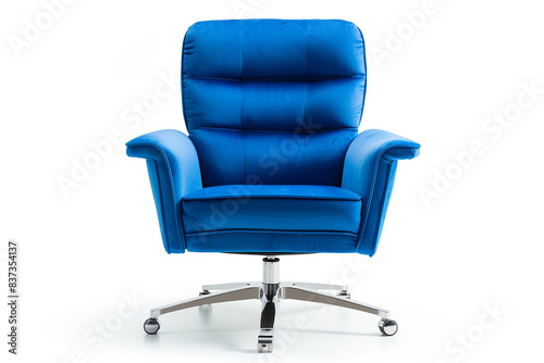 Sleek executive revolving chair in vibrant cobalt blue with contoured seat and padded armrests, high-angle front view, isolated on white background