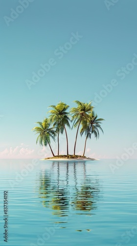 minimalistic tropical island with palm trees on water  large empty spac for text  ideal for travel  tourism  and beach vacation promotions  copyspace.