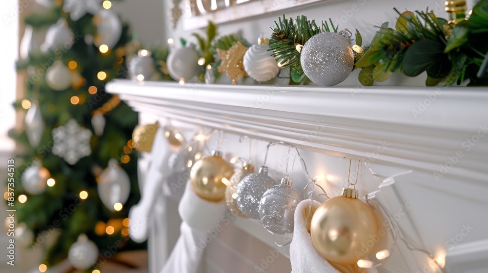 Christmas garland and ornaments on a white fireplace mantel. Festive decorations with a Christmas tree in the background. Concept of holiday decor, festive interior, New Year decorations, cozy home