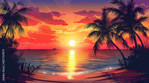 Silhouettes of palm trees and amazing cloudy sky on sunset at tropical beach with pink sky background for travel and vacation. AI generated illustration