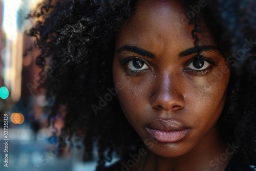 Black Woman Serious. Young African American Woman with Serious Expression in Urban City Setting
