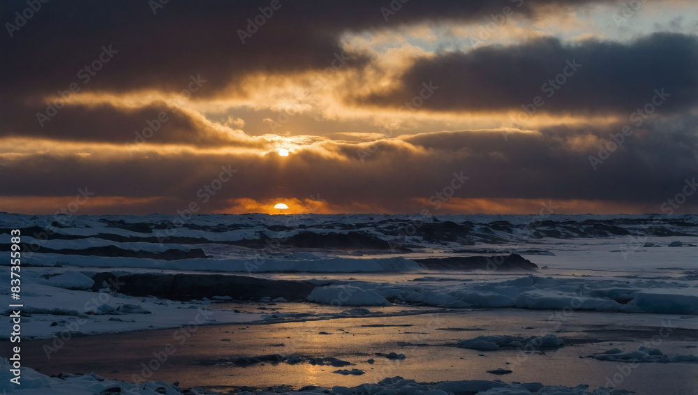 Winter's dawn breaks over a snowy seascape, dark clouds parting to reveal the rising sun. Winter's dawn breaks over a snowy seascape, dark clouds parting to reveal the rising sun.