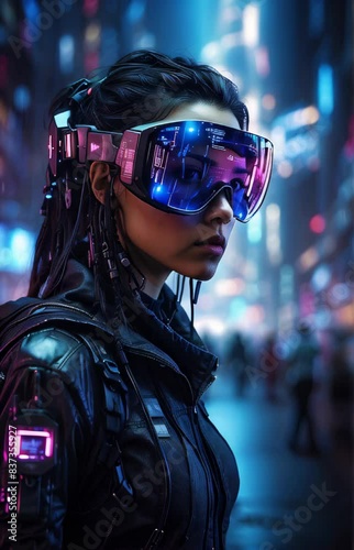 Portrait of a cyberpunk girl in a VR headset, in glasses of virtual reality, surrounded by virtual landscapes.