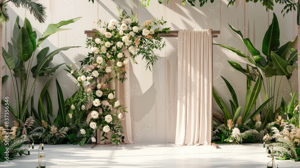 Empty Wedding Ceremony. Elegance and Art in Outdoor Wedding Flower Arch Preparation Empty Wedding Ceremony. Elegance and Art in Outdoor Wedding Flower Arch Preparation