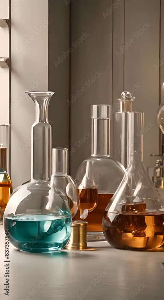A collection of glassware and bottles including a beaker sit on a table Concept of scientific exploration and experimentation Vertical video