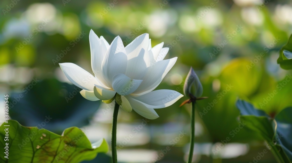 A close-up image of a delicate white lotus flower in bloom, with a green bud in the background, surrounded by green foliage in a garden A close-up image of a delicate white lotus flower in bloom, with a green bud in the background, surrounded by green foliage in a garden