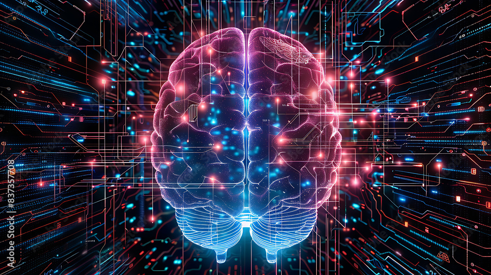 a digital illustration of a human brain superimposed on a circuit board background a digital illustration of a human brain superimposed on a circuit board background