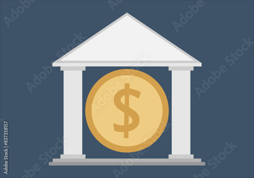 Templo griego con moneda de dólar representando un banco.