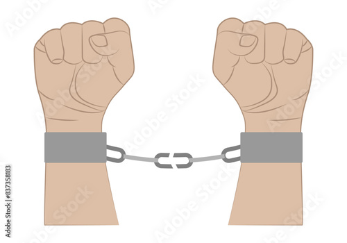 Manos y brazos encadenados rompiendo cadenas de esclavitud. 