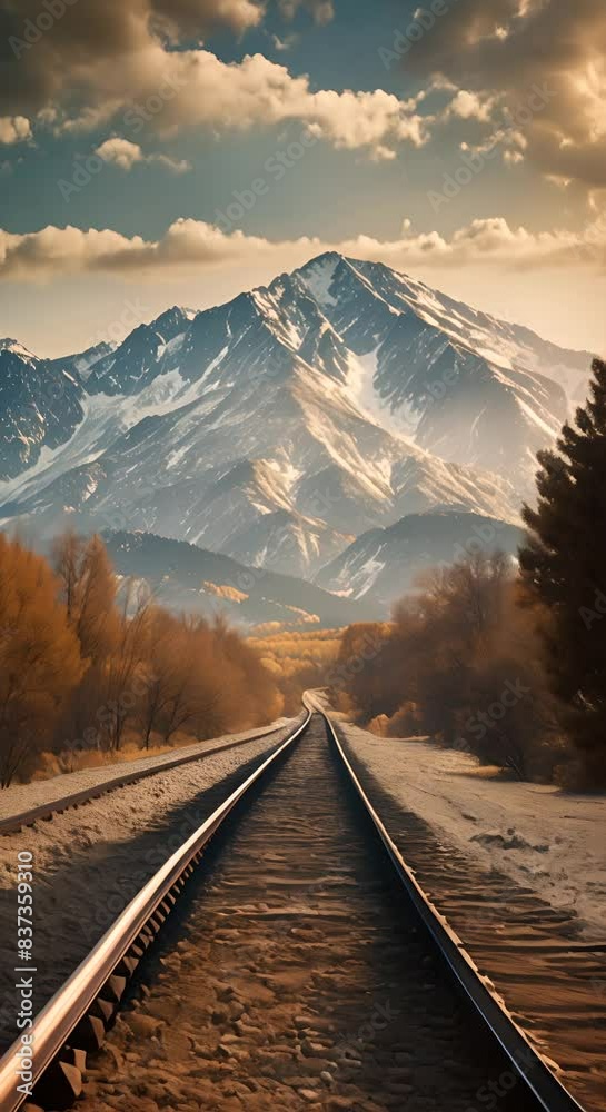 A train track with a mountain in the background The train tracks are blank covered in gravel and rocks Vertical video