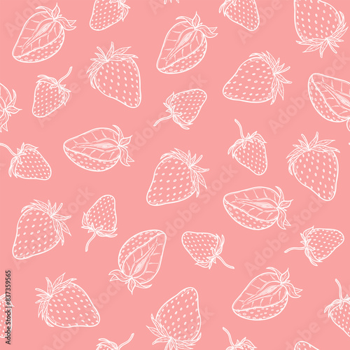 Strawberry seamless pattern, vector strawberries white line art illustration on pink background, hand drawn botanical outline illustration. Monochrome drawing. For background, packaging, textile.