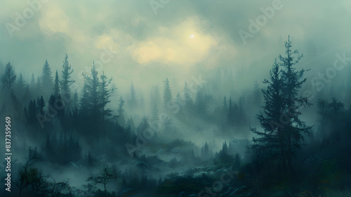 A moody  atmospheric landscape with rolling fog and muted colors  creating a sense of mystery and depth.
