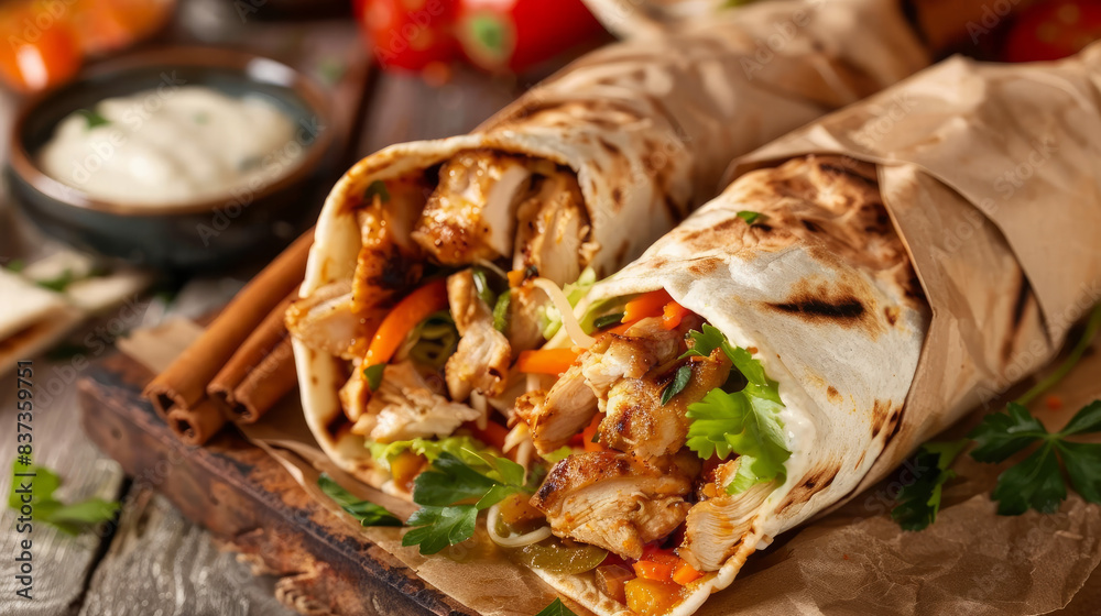 Chicken shawarma in a wrap. Popular Middle Eastern street food.