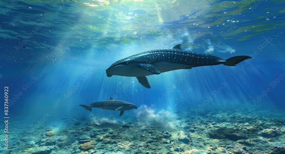Marine Mammal - Mother and Baby Whale Swimming in Blue Ocean Water Near Water Surface Marine Mammal - Mother and Baby Whale Swimming in Blue Ocean Water Near Water Surface