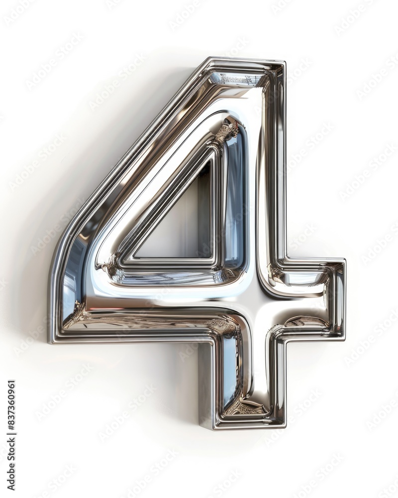 Metal 4. 3D Silver Number 4 Font Standing in Front View on White Background
