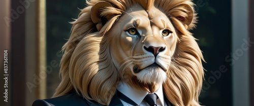 A digitally created lion dressed in a sharp business suit, exuding authority and confidence, ideal for themes of leadership and power photo