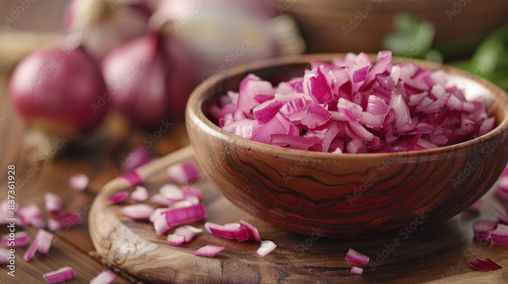Freshly chopped red onions are showcased on a wooden cutting board and a ceramic bowl.