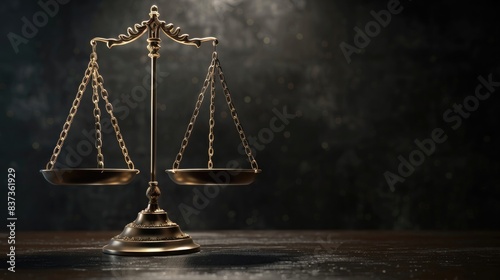 3D illustration of a balance scale on a black background, representing the law concept. High resolution