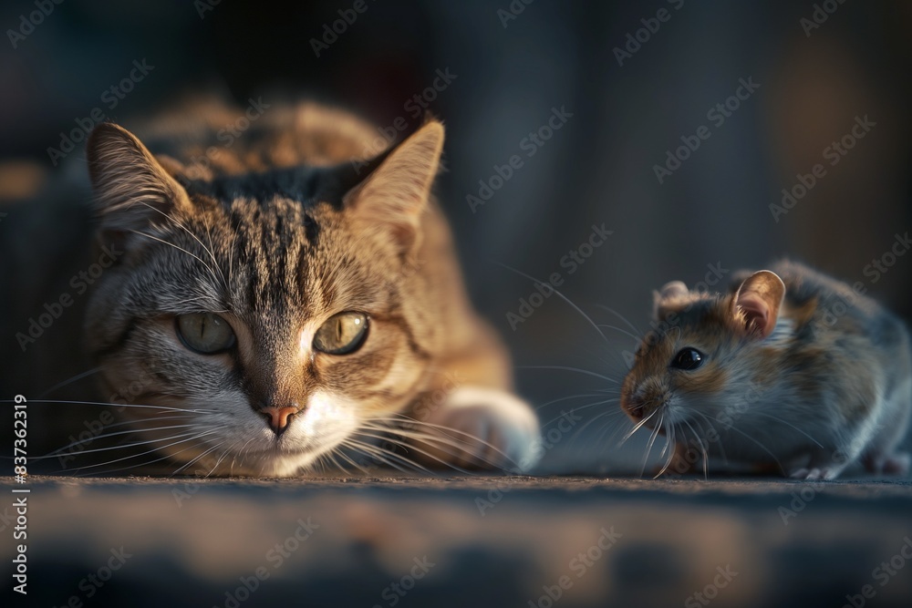 A cat hiding behind a table, watching a hamster running on top of the table. The photo illustrates a cat and mouse concept, implying an element of danger. A cat hiding behind a table, watching a hamster running on top of the table. The photo illustrates a cat and mouse concept, implying an element of danger.