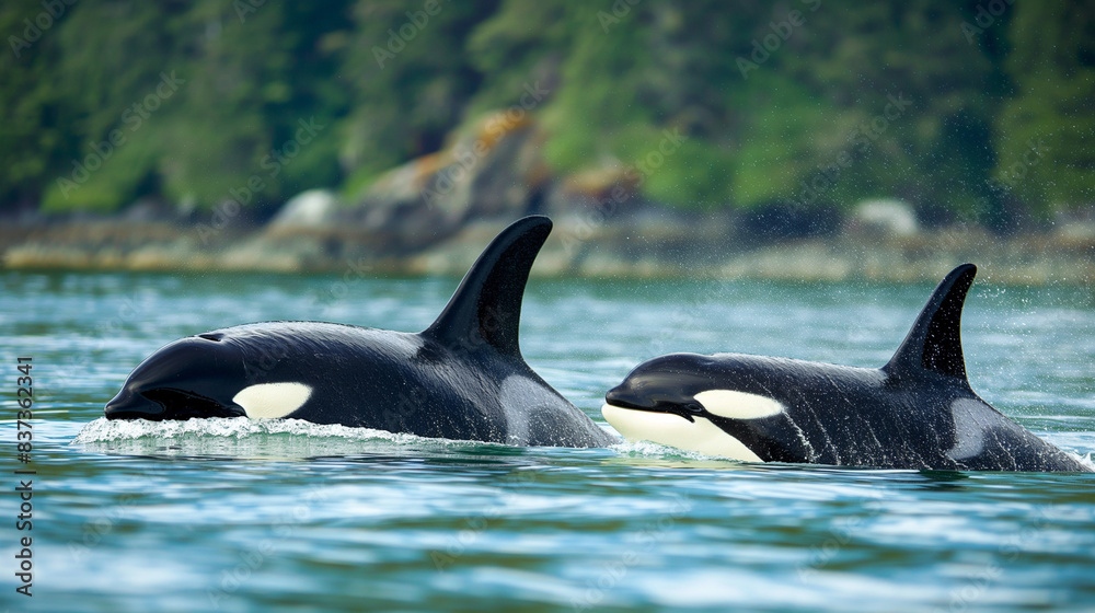 Fototapeta premium An Orca whale with a calf swims near the shore