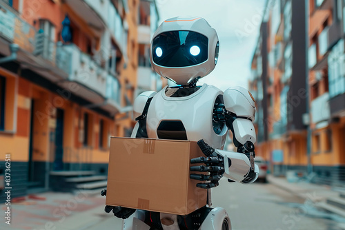 Postal robot holding a box in the background of houses and delivering packages