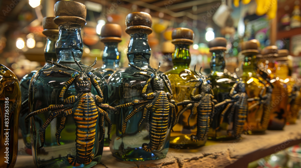 Mezcal bottles adorned with scorpions grace the Zocolo Market in Cholula, Puebla State, Mexico. Mezcal bottles adorned with scorpions grace the Zocolo Market in Cholula, Puebla State, Mexico.