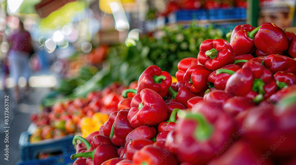 Rows of ripe red bell peppers are piled high at a bustling street market, creating a vibrant and colorful backdrop. Rows of ripe red bell peppers are piled high at a bustling street market, creating a vibrant and colorful backdrop.