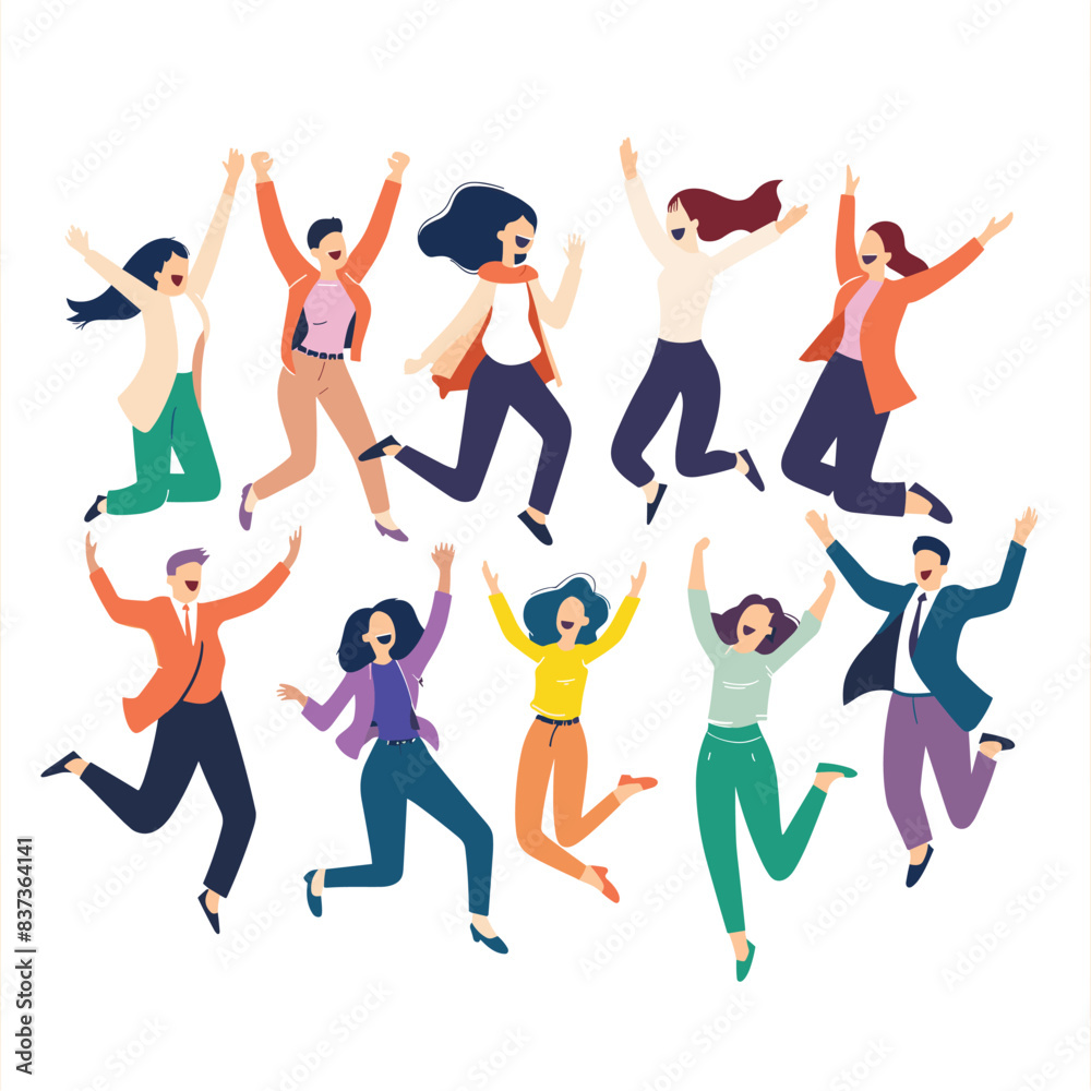 Fototapeta premium Group diverse people celebrating, men women jumping joy, happiness emotion. Multicultural celebration, friends having fun, casual formal wear diversity. Cartoon characters expressing excitement