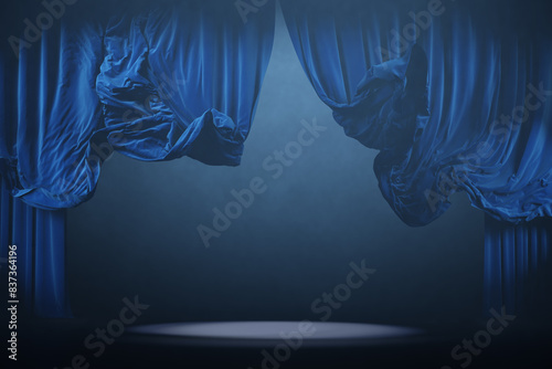 Blue curtains in motion. Theater stage with smoke.