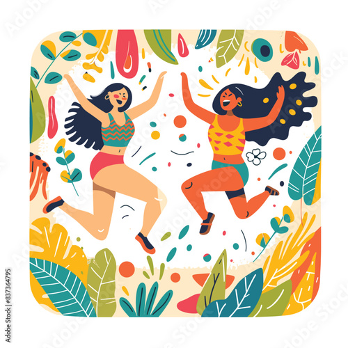 Two women dancing joyfully among colorful abstract tropical foliage. Both females exhibit happiness, wearing summer outfits moving energetically. Vibrant, festive tropical dance celebration