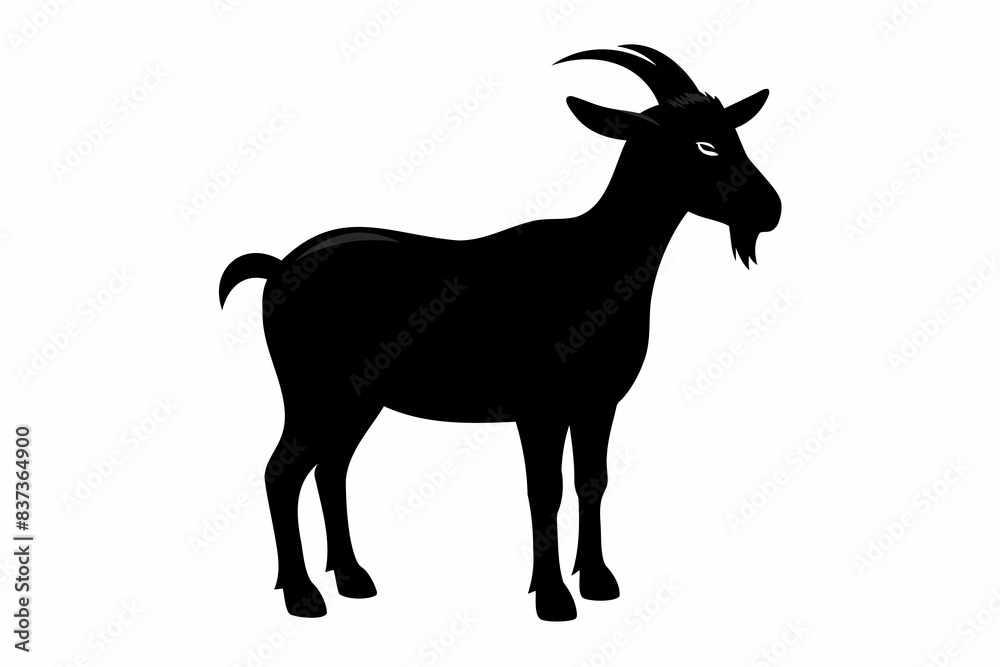 Silhouette of a goat with curved horns. Animal illustration. Wildlife concept. Farm, livestock, nature, rural scene. Black silhouette isolated on white background. Silhouette of a goat with curved horns. Animal illustration. Wildlife concept. Farm, livestock, nature, rural scene. Black silhouette isolated on white background.