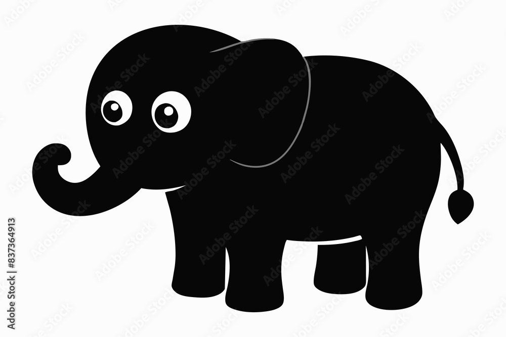 Cute black elephant cartoon with big ears and wide eyes. Baby animal, adorable illustration, childrens art, playful design concept. Black silhouette isolated on white backdrop Cute black elephant cartoon with big ears and wide eyes. Baby animal, adorable illustration, childrens art, playful design concept. Black silhouette isolated on white backdrop