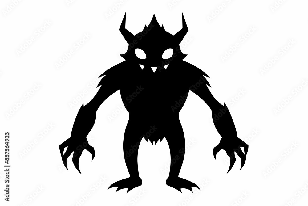 Obraz premium Black Silhouette of a Male Monster with Spikes and Claws. Horror, Creature, Dark Fantasy, Halloween Concept. Isolated on white background.