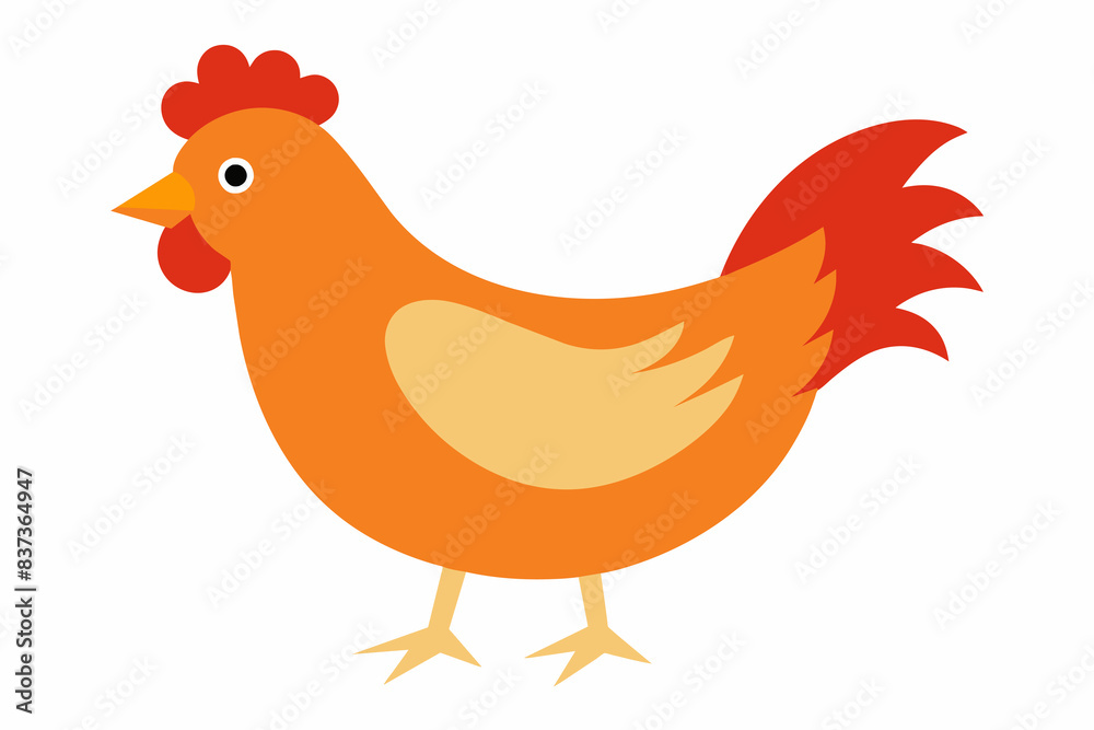 Cartoon chicken with red comb and orange feathers. Bright colors, farm animal, bird, poultry concept, illustration. Isolated on white background. Cartoon chicken with red comb and orange feathers. Bright colors, farm animal, bird, poultry concept, illustration. Isolated on white background.