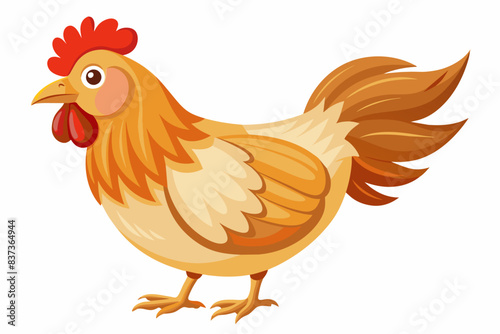 Cartoon chicken with red comb and orange feathers. Bright colors, farm animal, bird, poultry concept, illustration. Isolated on white background.