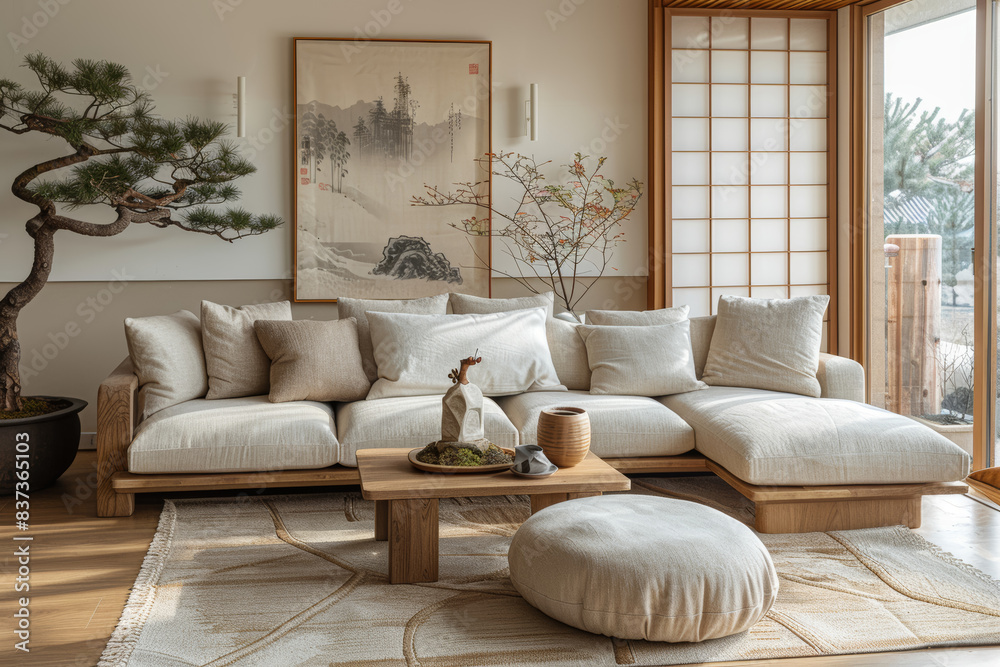 Obraz premium A living room with a mix of Scandinavian furniture and Japanese decor, including bonsai trees and minimalist artwork. Concept of Japandi fusion in home decor. Generative Ai.