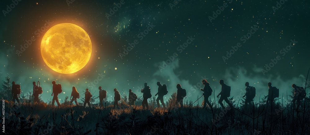 Silhouettes of people walking at night under the moonlight Silhouettes of people walking at night under the moonlight