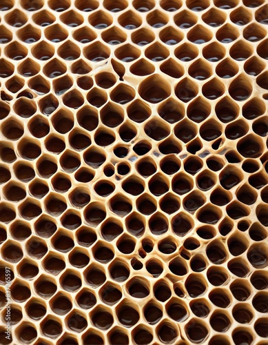 Macro photography of a natural honeycomb  highlighting the geometric perfection and golden hues characteristic of bees  craftsmanship.