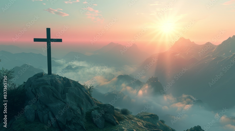 Light shrouds the sky over Golgotha Hill, symbolizing Jesus' death and resurrection. An apocalyptic concept. Light shrouds the sky over Golgotha Hill, symbolizing Jesus' death and resurrection. An apocalyptic concept.