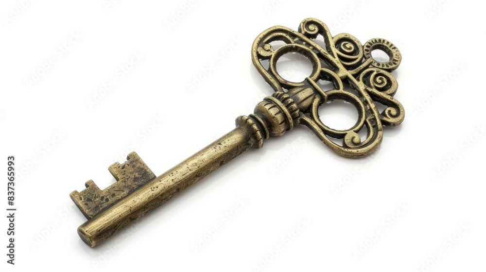 Antique key with intricate design isolated on clean white backgrounds Antique key with intricate design isolated on clean white backgrounds