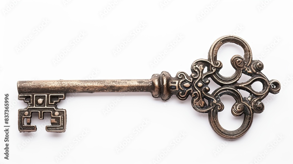 Antique key with intricate design isolated on clean white backgrounds Antique key with intricate design isolated on clean white backgrounds