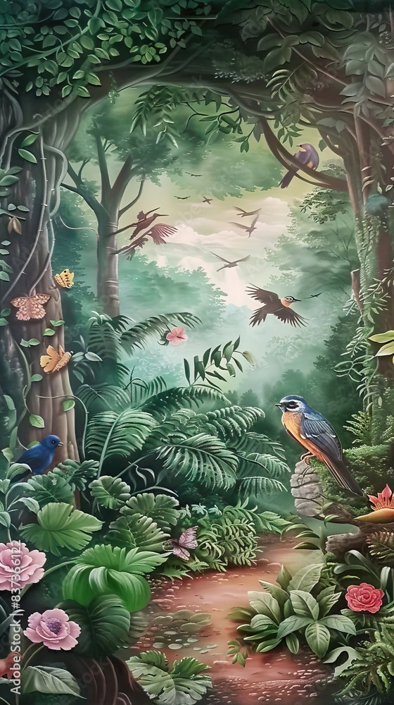 beautiful tropical wallpaper with leaves and birds, flowers, birds ...