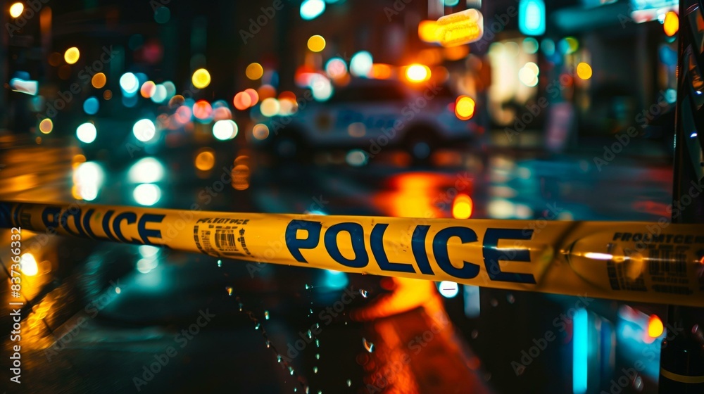 © Jan - Police tape cordoning off a crime scene on a rainy city street at night