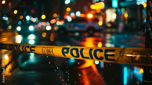 Police tape cordoning off a crime scene on a rainy city street at night