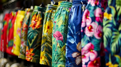 Colorful tropical patterned swim shorts hanging on display photo