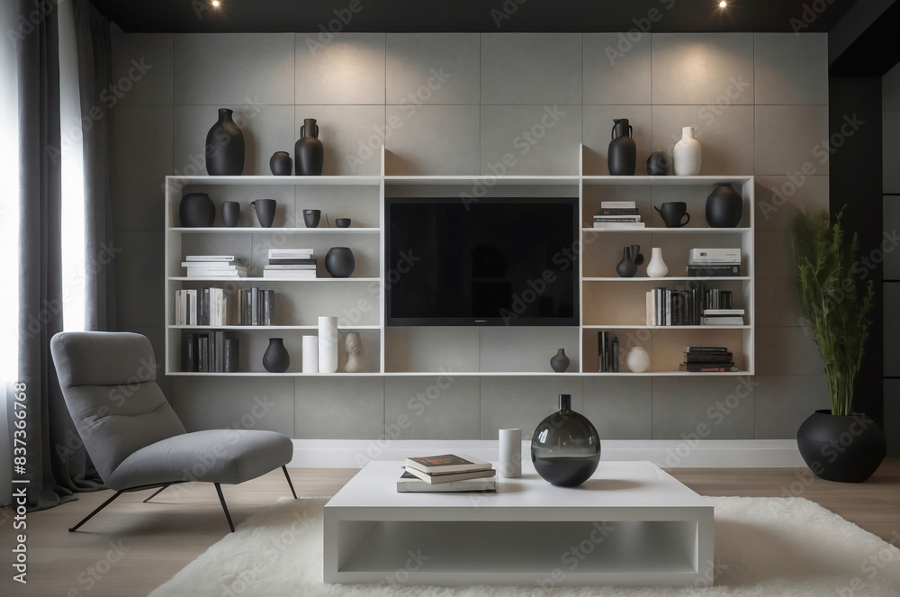 Stylish Modern Living Room with Minimalist Monochrome Decor, Sleek Furniture, and Elegant Shelving for Contemporary Homes