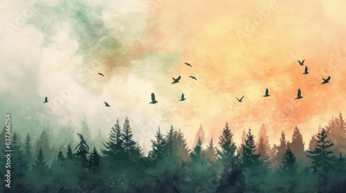 soft pastel watercolor a flock of birds flying above the trees in a forest wallpaper