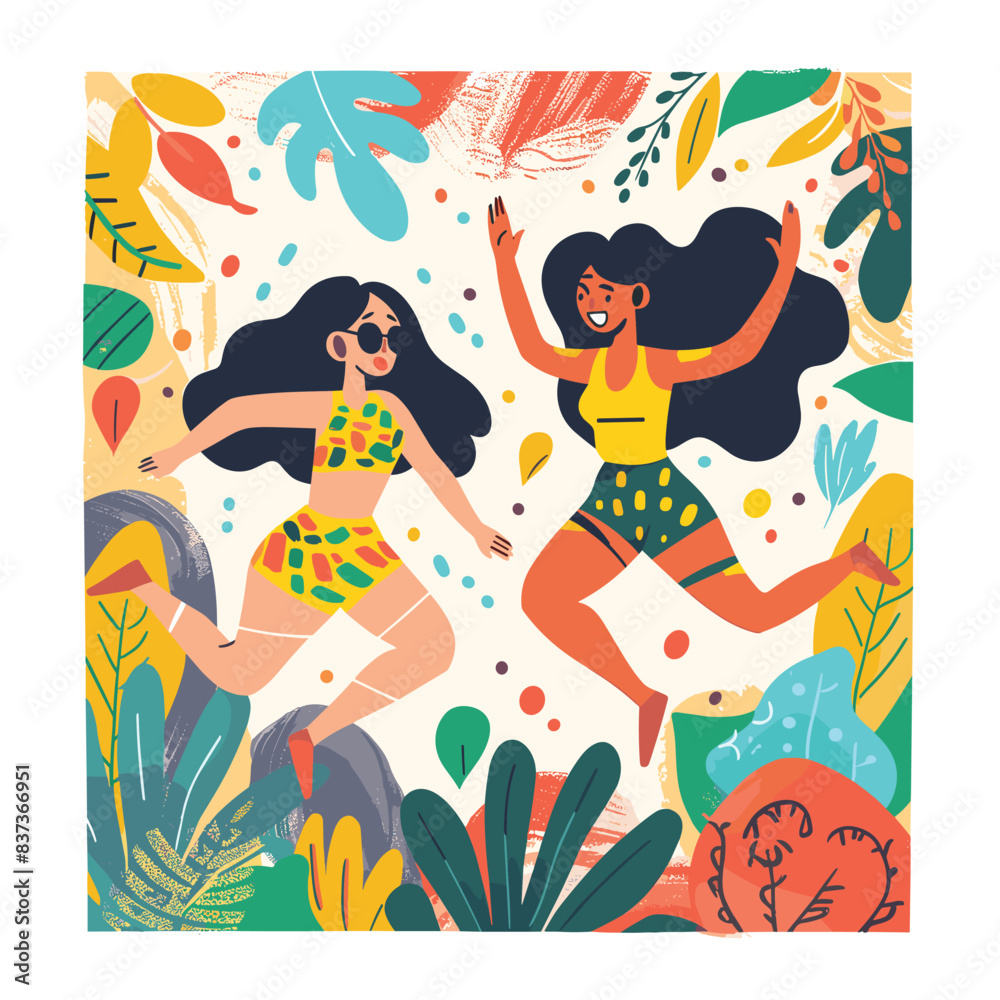 Two young women, one wearing sunglasses, dancing joyfully among vibrant tropical foliage. Both dark hair, colorful summer outfits, embody celebration, happiness, dynamism. Tropical plants, abstract Two young women, one wearing sunglasses, dancing joyfully among vibrant tropical foliage. Both dark hair, colorful summer outfits, embody celebration, happiness, dynamism. Tropical plants, abstract