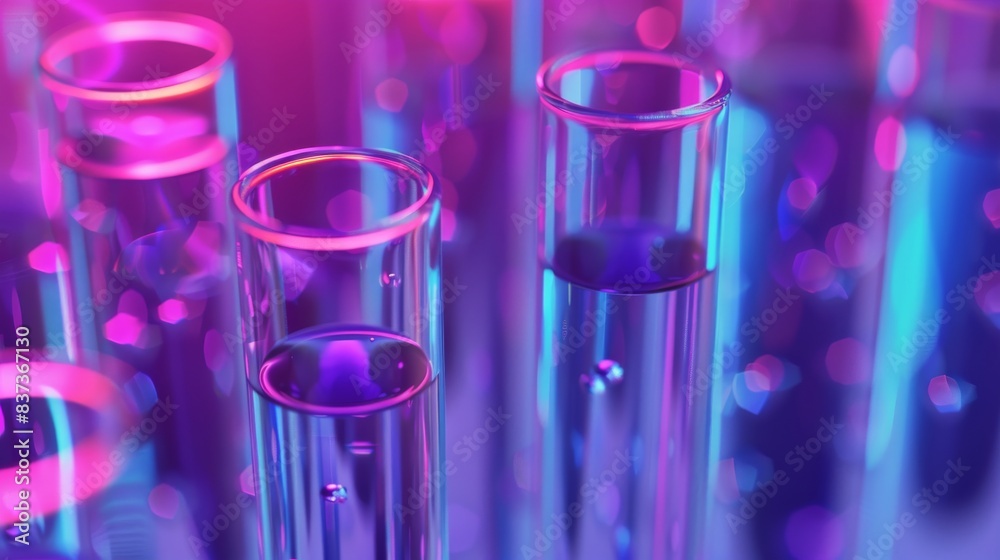 Biological test tube row, with liquid droplet and dropper in blue and red tones, close-up macrophotography picture. AI-generated image; Biological test tube row, with liquid droplet and dropper in blue and red tones, close-up macrophotography picture. AI-generated image;