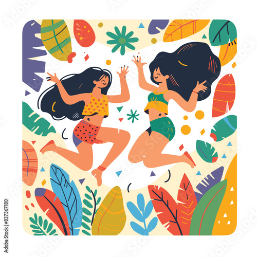 Two women dancing joyfully amongst tropical leaves abstract shapes. Female characters display happiness movement, wearing swimwear vibrant, summery vector illustration. Exotic foliage playful design